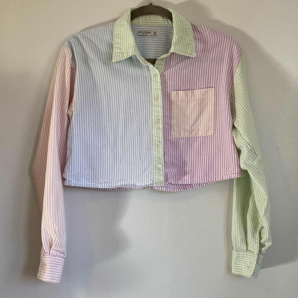 Arizona Jeans Co. Pastel Colorblock Stripe Crop Top long Sleeve Women’s Size XS
